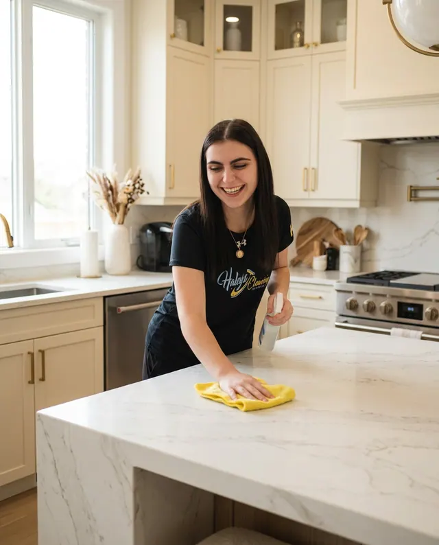 Haley's Cleaning team member cleaning a luxury kitchen