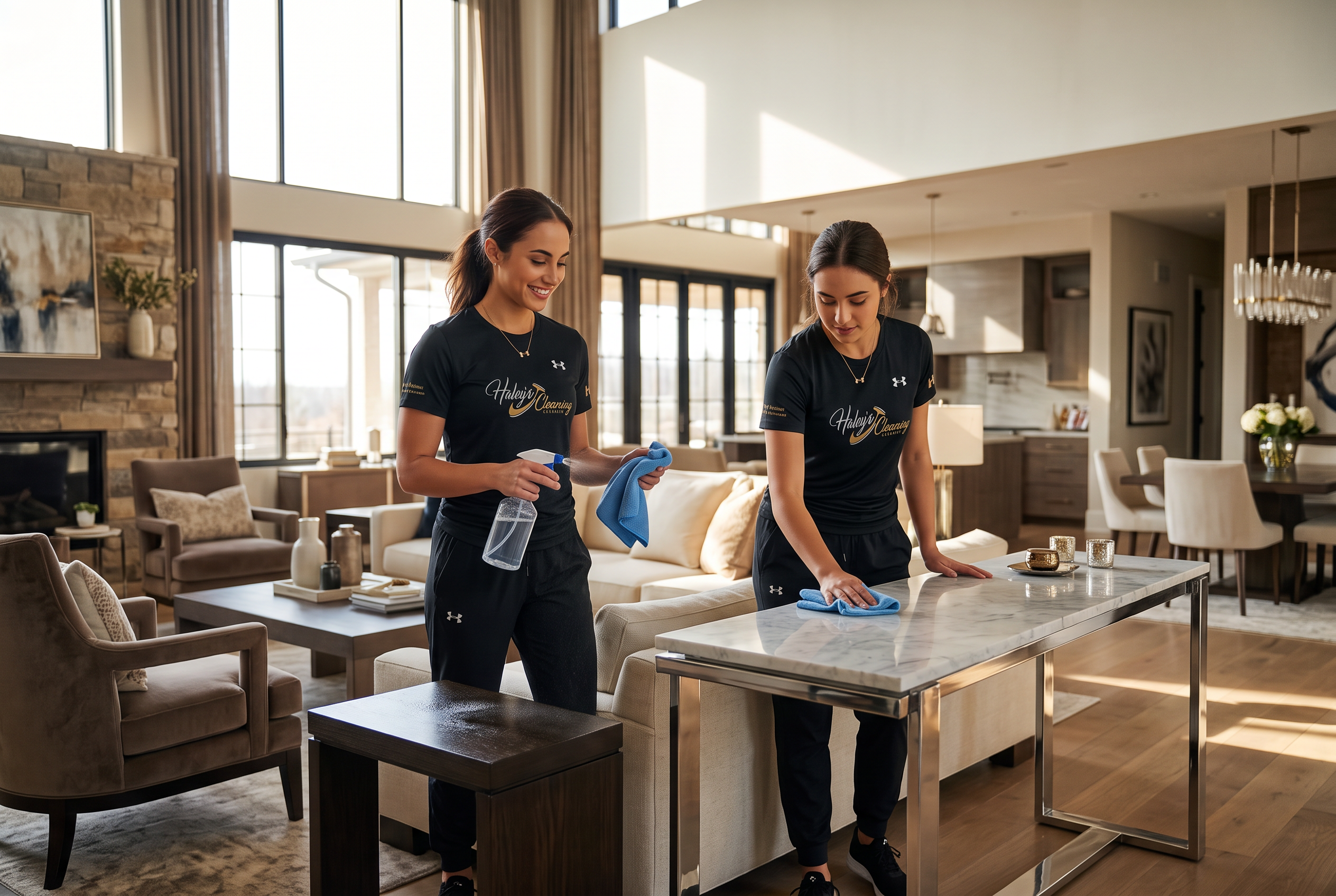 Two Haley's Cleaning team members in branded uniform cleaning a luxury living room